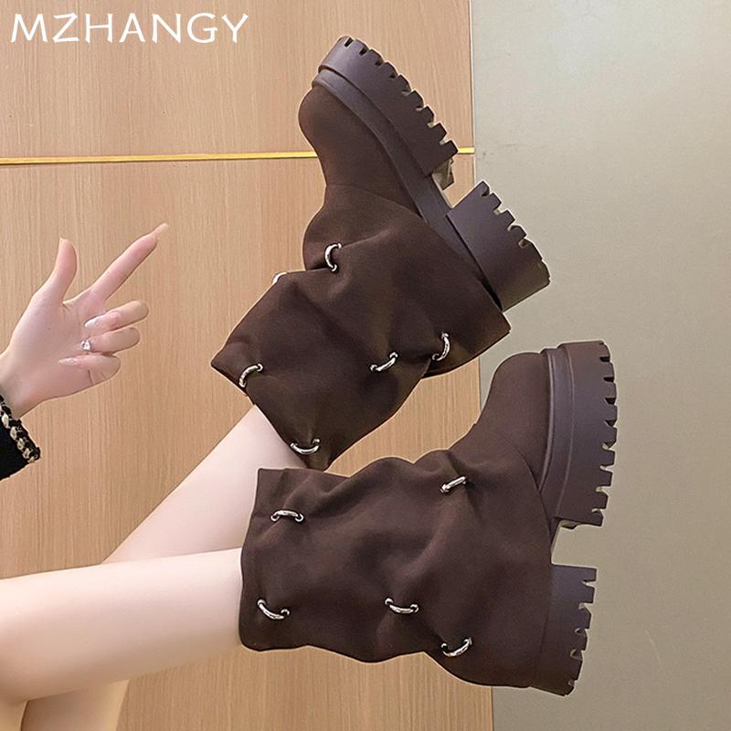 Fashion Women Suede Platform Ankle Boots Winter Mid Heels Shoes Woman 2025 Trend Designer New Snow Dress Motorcycle Boots Mujer Botas