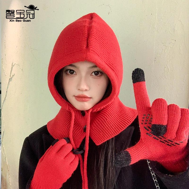 Balaclava Shawl Integrated Pullover Wool Hat Winter Outdoor Warm Ear Protection Knitted Gloves Hat Women