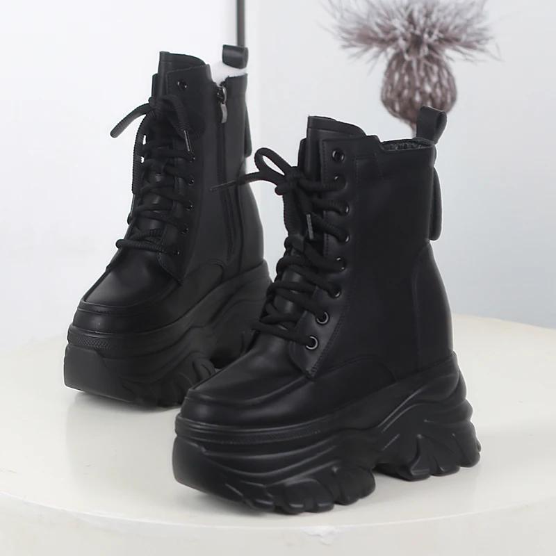 Fashion 12CM Autumn Platform Ankle Boots Women Chunky Shoes Lace-up Tennis Sneakers Woman Leather Boots Walking Shoes