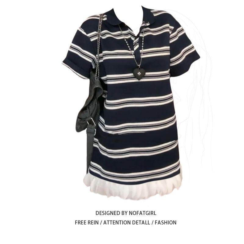 

Plus-Size Korean-Style Retro Patchwork Lace Trim Color-Blocked Striped Short-Sleeve Dress for Women, Summer Short Dress Dress M