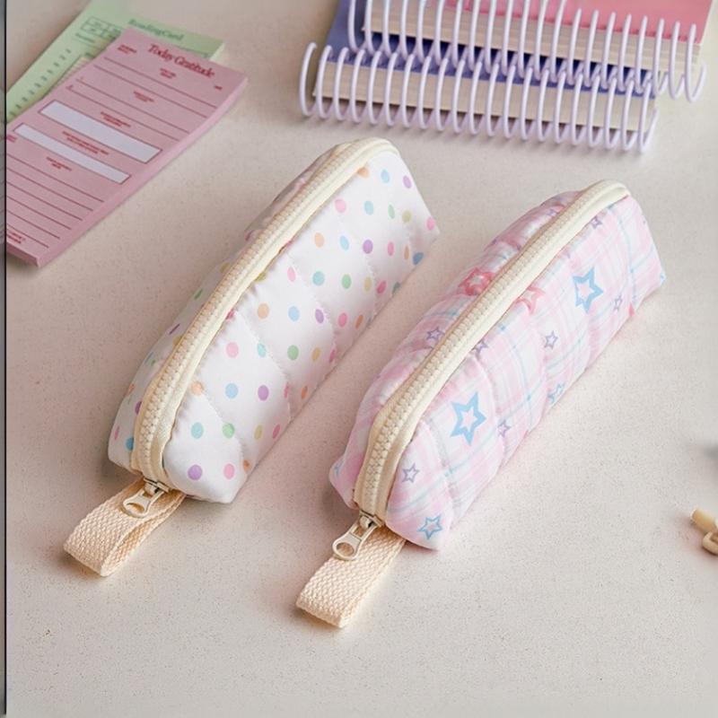 Soft Padded Pencil Case Star Plaid Print Large Capacity Multifunctional Stationery Holder for School Home Office Use