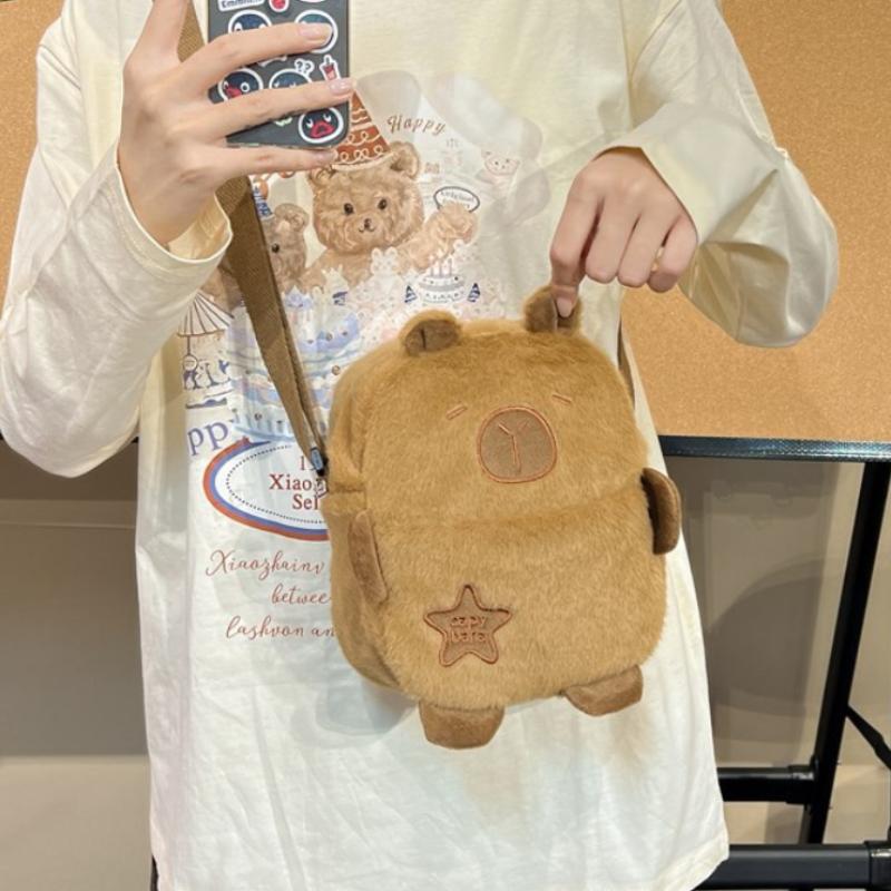 Kawaii Capybara Plush Shoulder Bag Cute Cartoon Soft Chest Pack Daily All-in-one Storage Cell Phone Bag Winter Gifts for Student