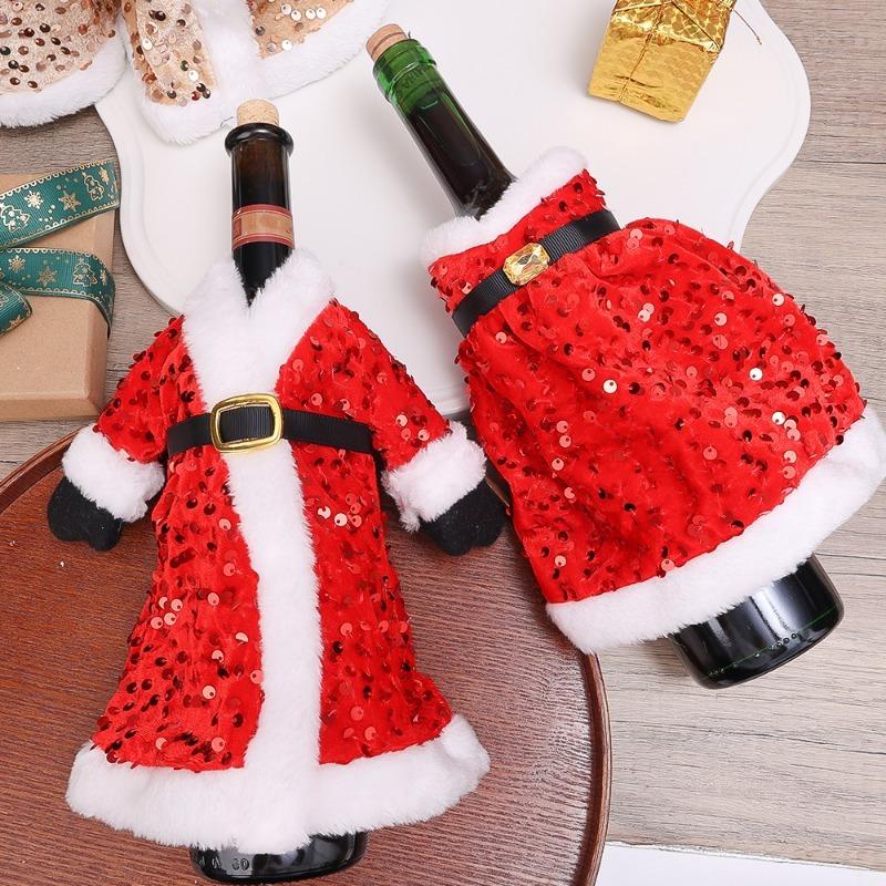Christmas Wine Bottle Cover Plush Sequins Dress Wine Bottle Bag Clothes Bottles Bags Dinner Table Decor New Year Party Supplies