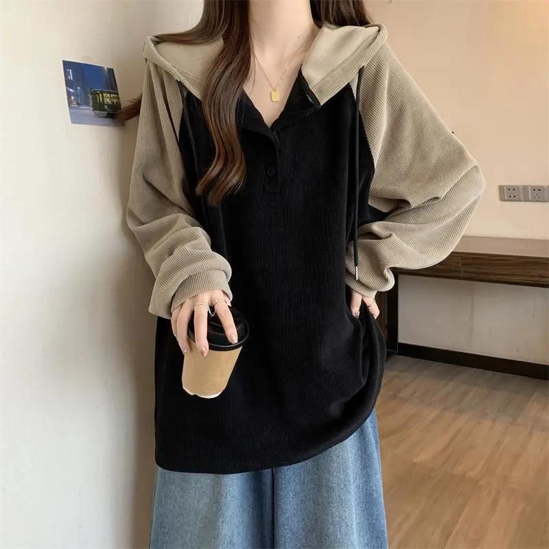 Women s Spring/Fall Korean-Style Hooded Base Layer Top Loose Slimming Design XS