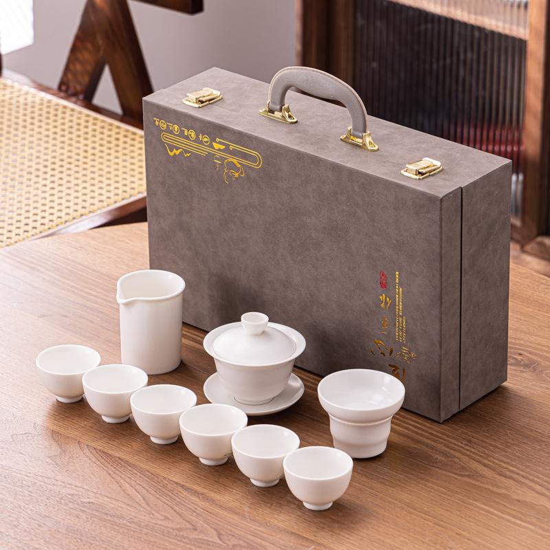 

Retro White Ru Kiln Tea Set Matte Office Cover Bowl Teacup Tea Breaker Business Gift