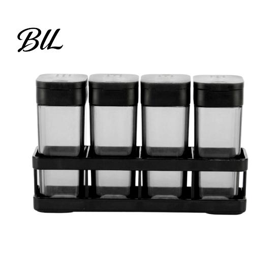 Kitchen Spice Organizer 4-Piece Plastic Jars Set with Tray One-Handed Slide Lid Jar Transparent Containers Compact Countertop for Salt, Pepper,