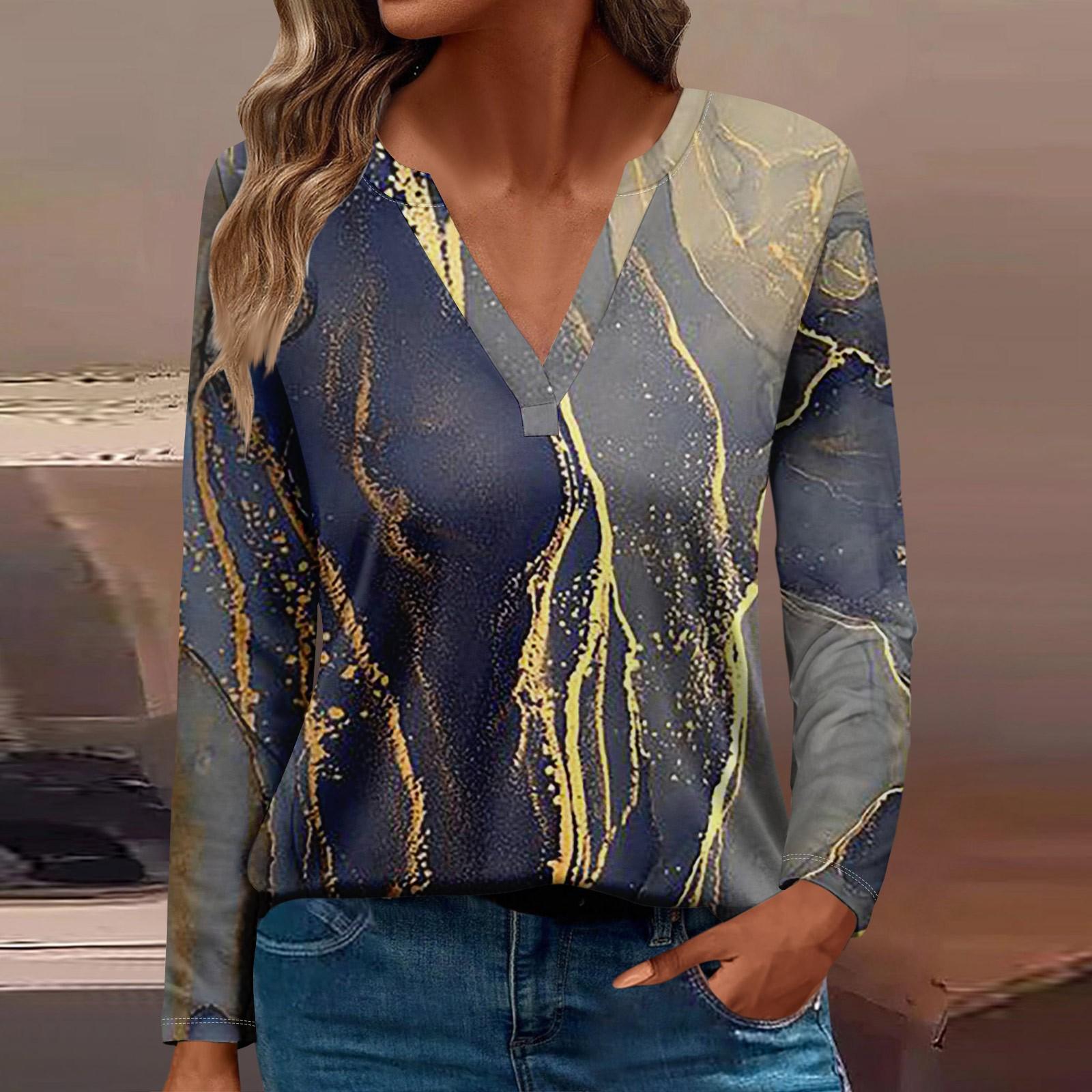 

Жен. Футболка Футболка С принтом Пуговицы Длинный рукав Повседневные Выходные Мода Классический V-образный вырез Обычный Топ M