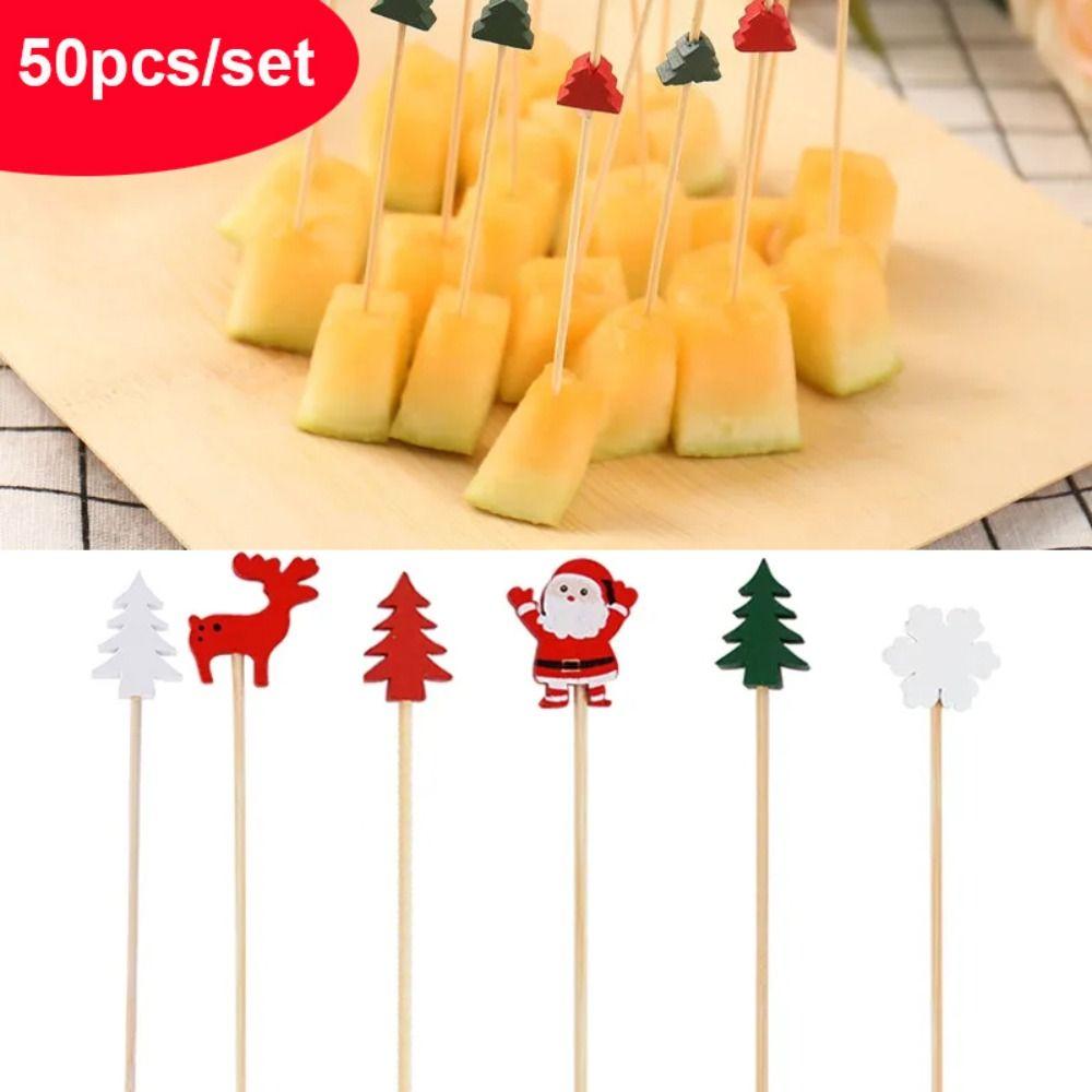 50/100Pcs Disposable Christmas Toothpicks Snowman Fruit Salad Bamboo Sticks Dessert