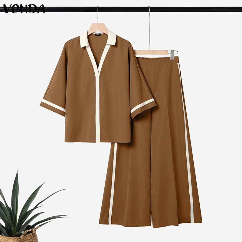 VONDA Oversized Womens Elegant Two Piece Set V Neck Half Sleeve Blouse and Wide Leg Pants Casual Loungewear Outfits