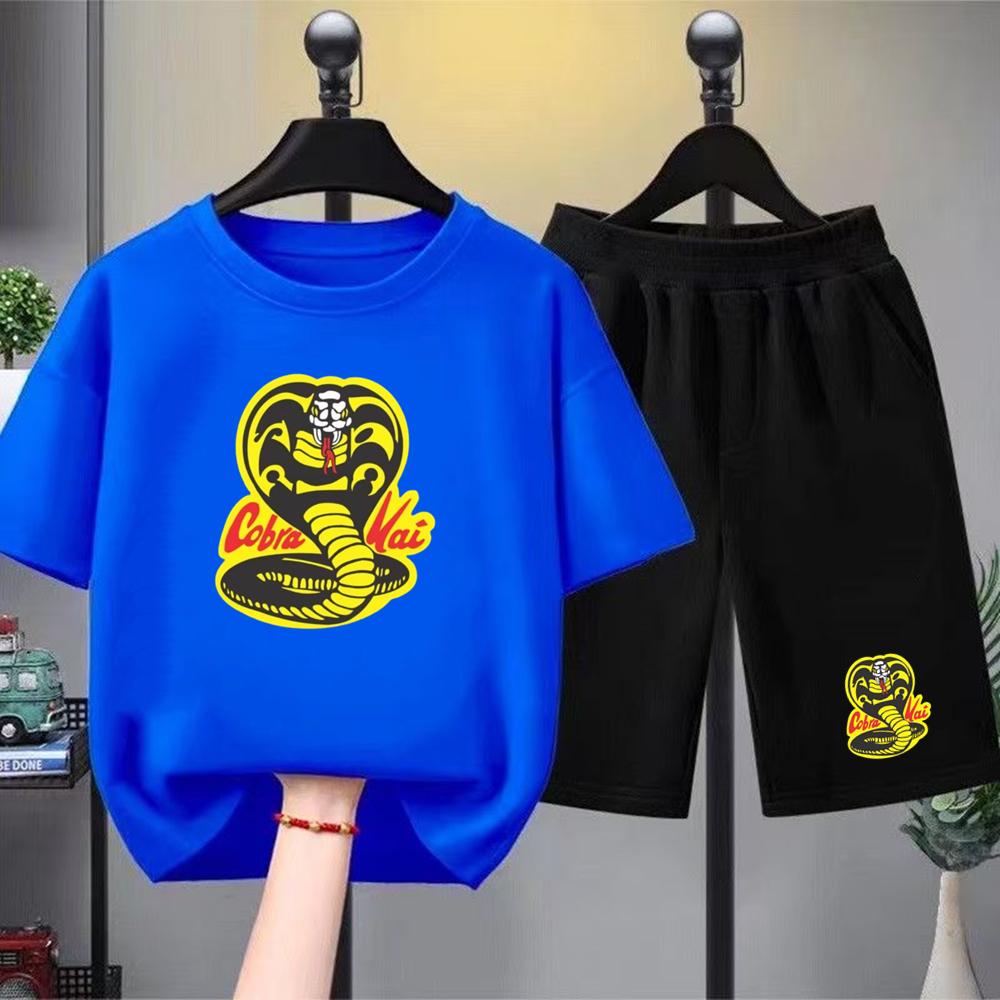 Summer T-shirt+shorts Anime snake Print Boy Black Girl Sets Tshirt kids Tops Casual Tees round Neck short-sleeved top
