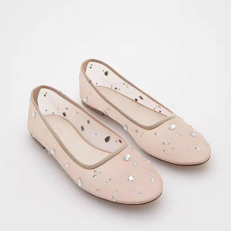 Fashion New Water Diamond Mesh Flat Sole Single Shoes Comfortable Women's Low Heel Commuting Student Shoes Fashionable Handmade Shoes