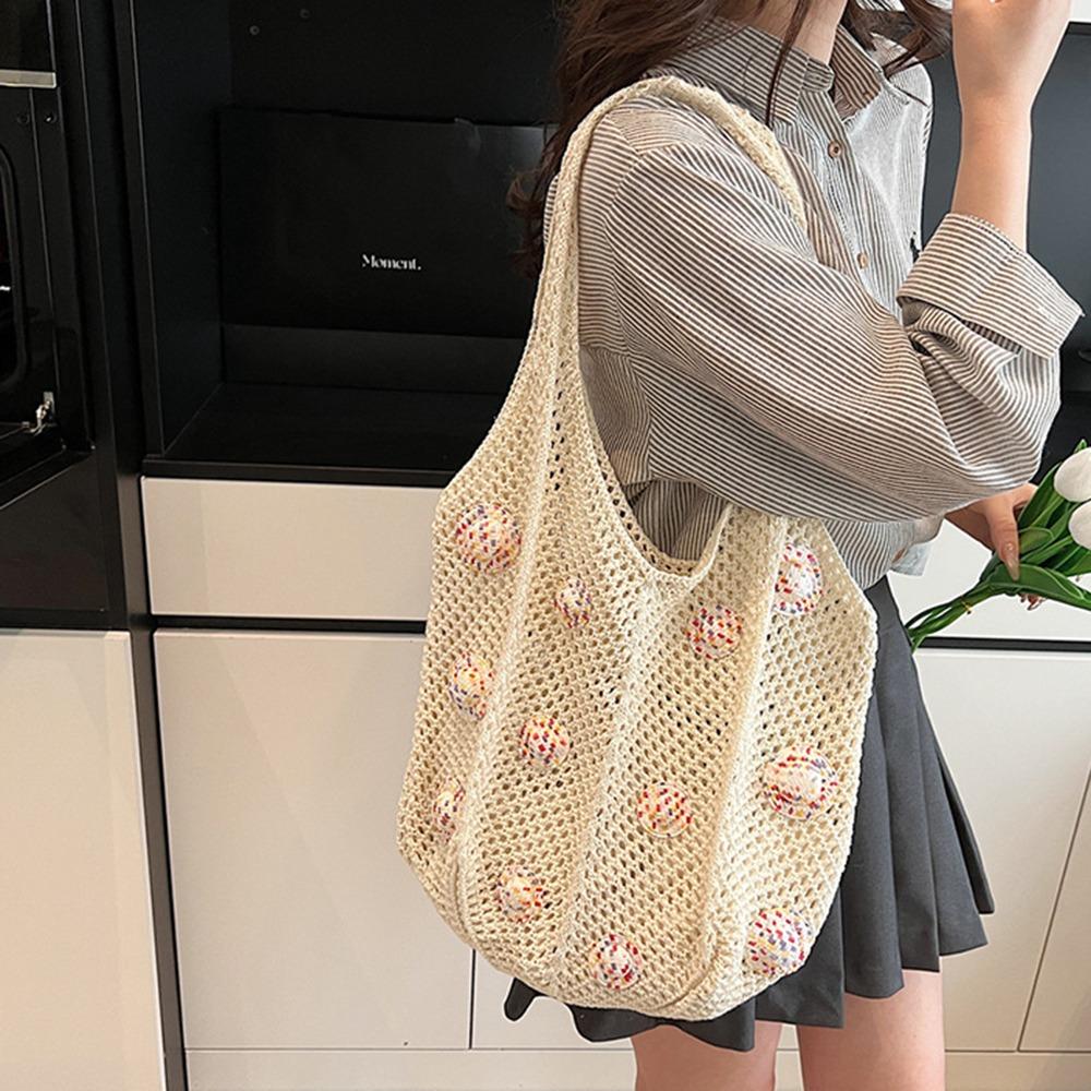 

Large Capacity Crochet Shoulder Bag Sweet Casual Tote Bag Leisure Woven Beach Bag Vacation білий