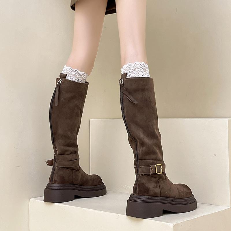 Piaohong retro suede round head thick heel thick-soled boots women's 2025 autumn and winter new belt buckle versatile knight boots