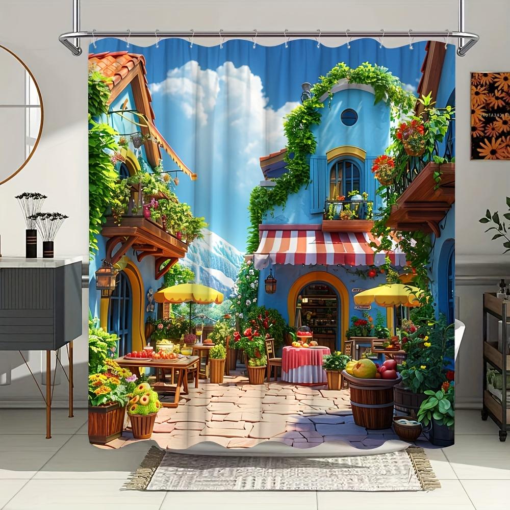 

Charming European Village Bath Curtain - Colorful Houses & Cafe, Waterproof Home Decor Adds Cozy Atmosphere To Your Bathroom W60H190(CM)-1 Pcs