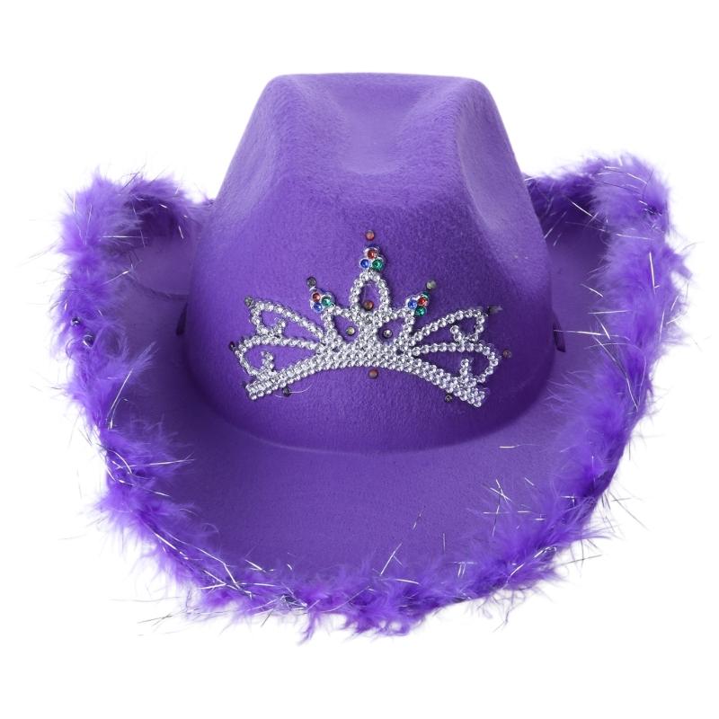 Rhinestones Crown Cowgirl Hat for Woman Male Breathable Cowboy Hats with Plush Trim Banquets Party Photography Hat