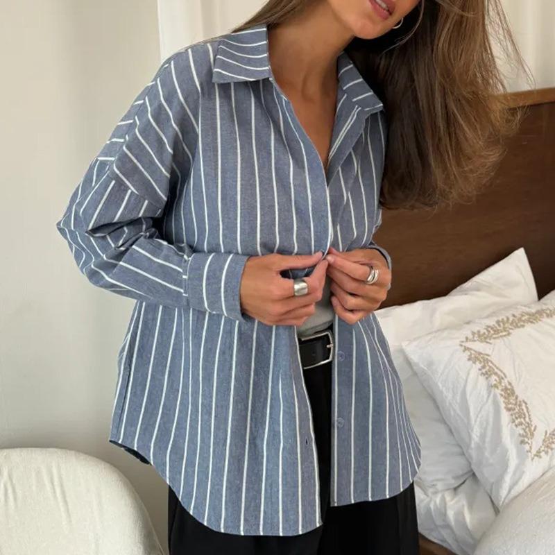 Ladies's Summer Striped Shirt Breathable Lapel Long-sleeved Shirt