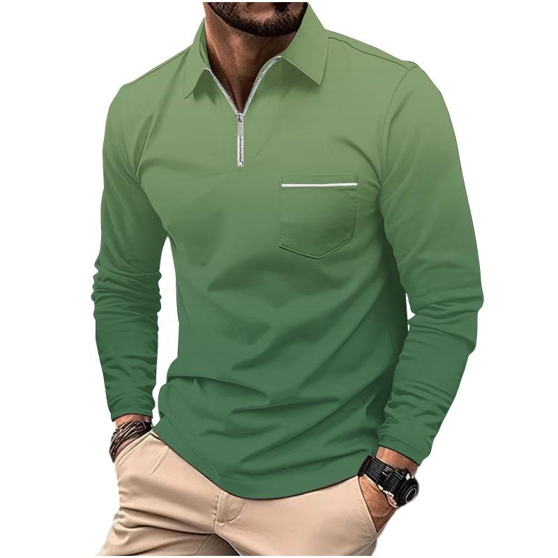 Men's Printed Polo Shirt with Zipper Pocket Sports Long Sleeved Polo Shirt