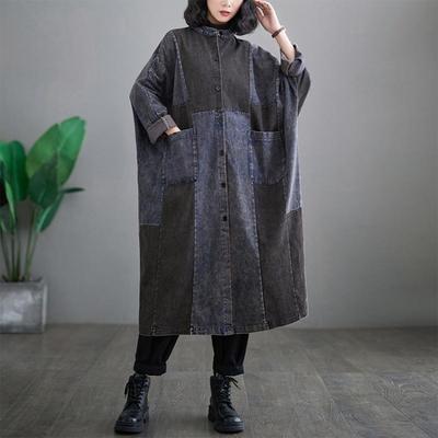 2024 Spring Women Denim Coat Vintage Casual Long Jacket Plus Size Loose Oversized Spliced Cotton Buttons Pockets Dimanaf