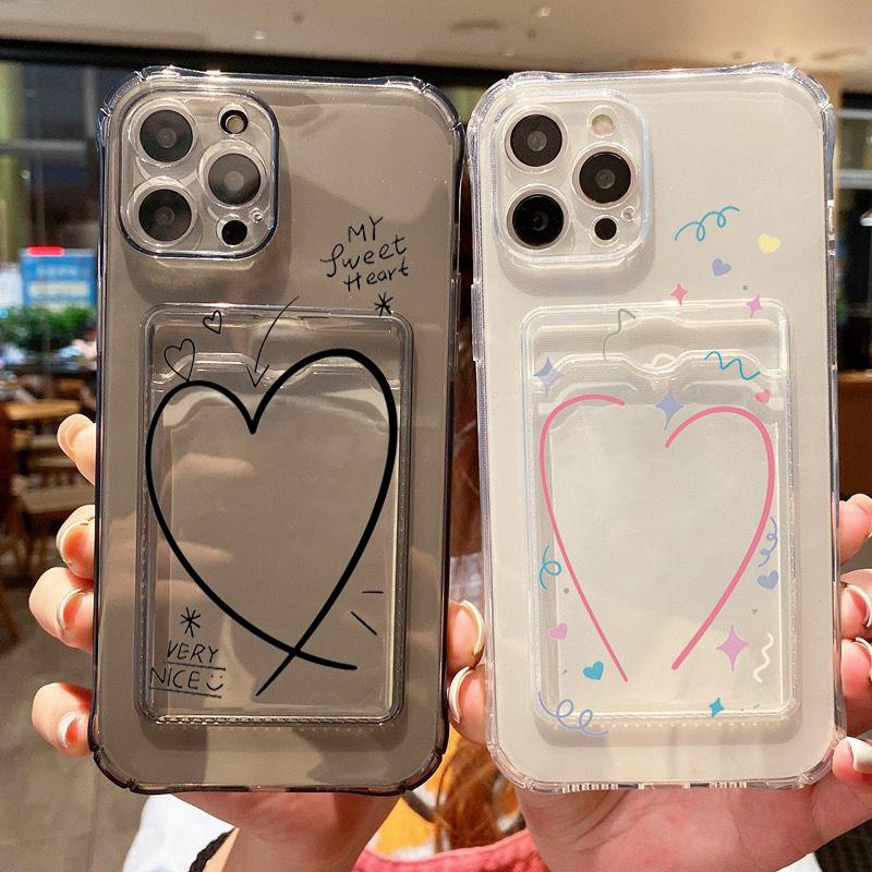 Card Bag Holder Clear Case For iPhone 16 15 14 13 12 11 Pro Max With Love Heart Pattern Cover For iPhone XS Max XR 7 8 Plus Case