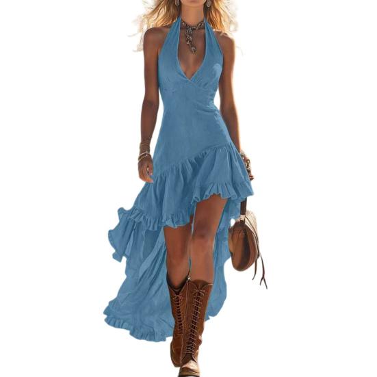 Women s Halter V Neck Sleeveless Dress Ruffle High Low Hem Flowy Long Dress Summer S синий
