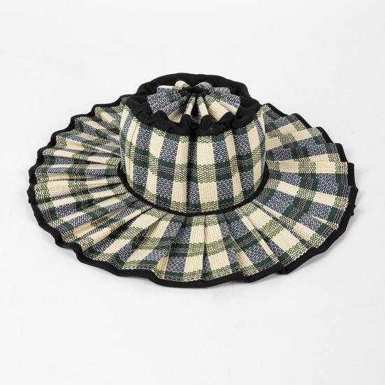 Women Straw Hat Plaid Print Summer Foldable Hat Wide Brim UV Protection Lightweight Breathable Beach Sun Hat
