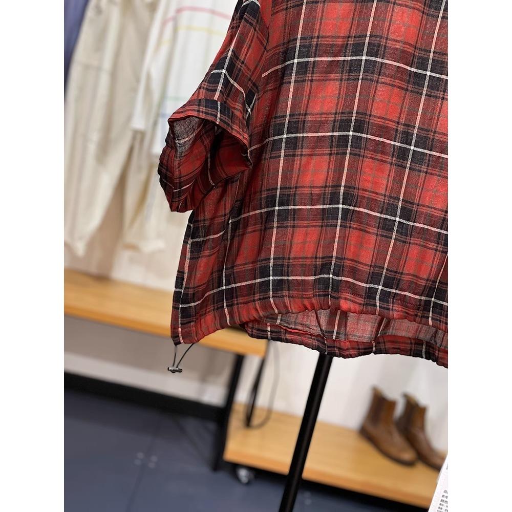 Dimanaf 2025 Summer Linen T-shirt Women Spliced Plaid Printing Short Sleeve Loose Red T-shirt