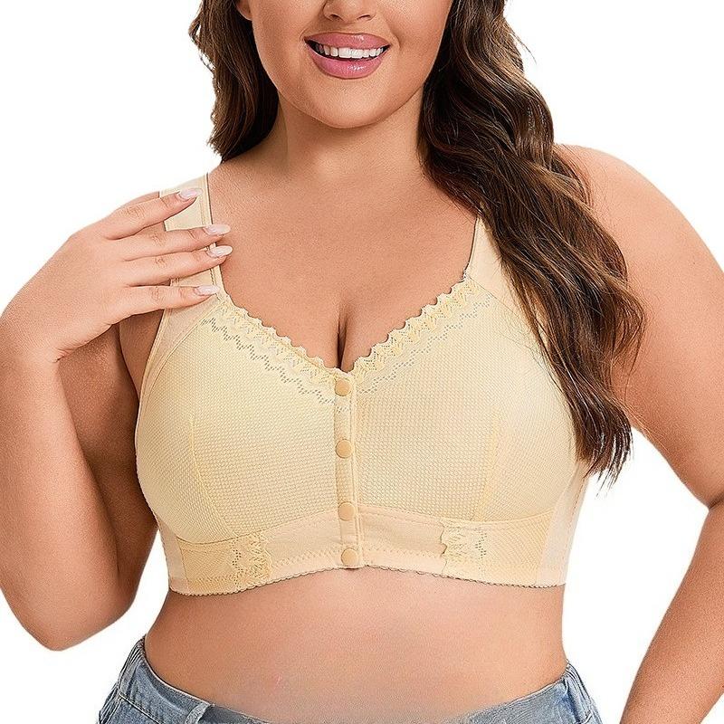 Soft Cotton Thin Cup Front Buckle Middle-aged and Elderly Women's Lace No-rim Vest Style Oversized Bra