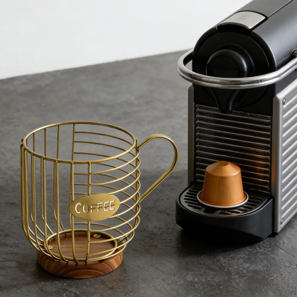 Metal Coffee Pod Wire Basket with Wooden Base Large Capacity Coffee Pod Holder for Kitchen Countertops Coffee