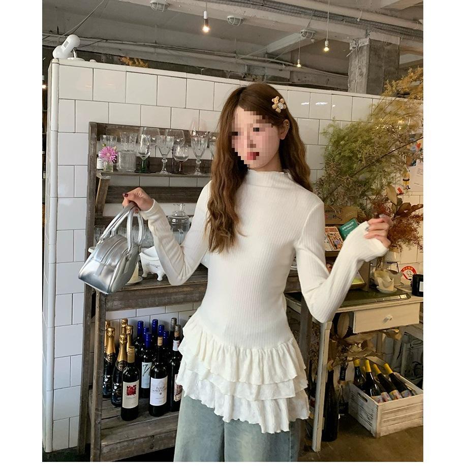 2025 Slim-Fit Lace Trim Half-High Collar Long-Sleeve T-shirt with Layered Cake Skirt