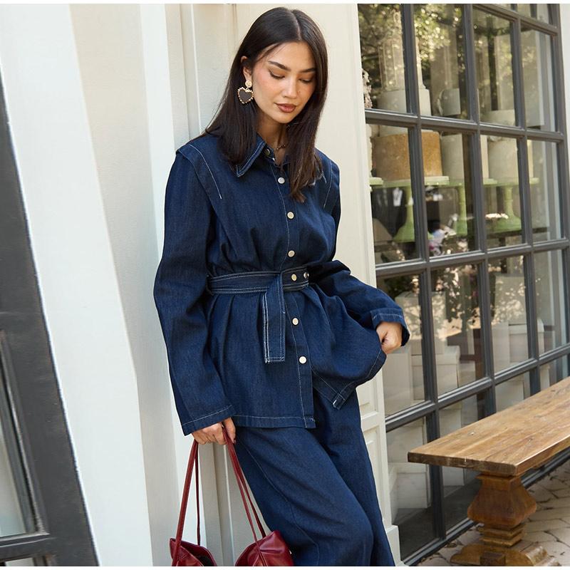 Denim Pants Set Women Belt Lapel Buttons Shirt High Waist Wide Leg Trousers Sets Lady Vintage Single Breasted Top Suit Female
