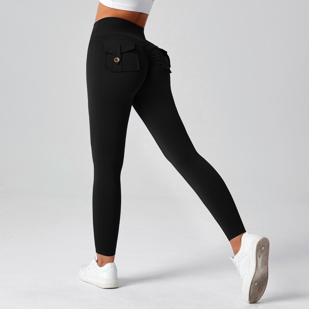 Fitness Leggings With Pocket Sports Yoga Pants Scrunch Buttons Peach Hips Workflow High Waist Running Gym Tights Women