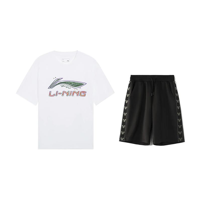 Li Ning Graffiti Logo Loose Round Neck Short Sleeve Fashion Comfortable Simple Shorts Casual Sports Suit Unisex Sports Suit AHSUB03-2+YKSV129-2