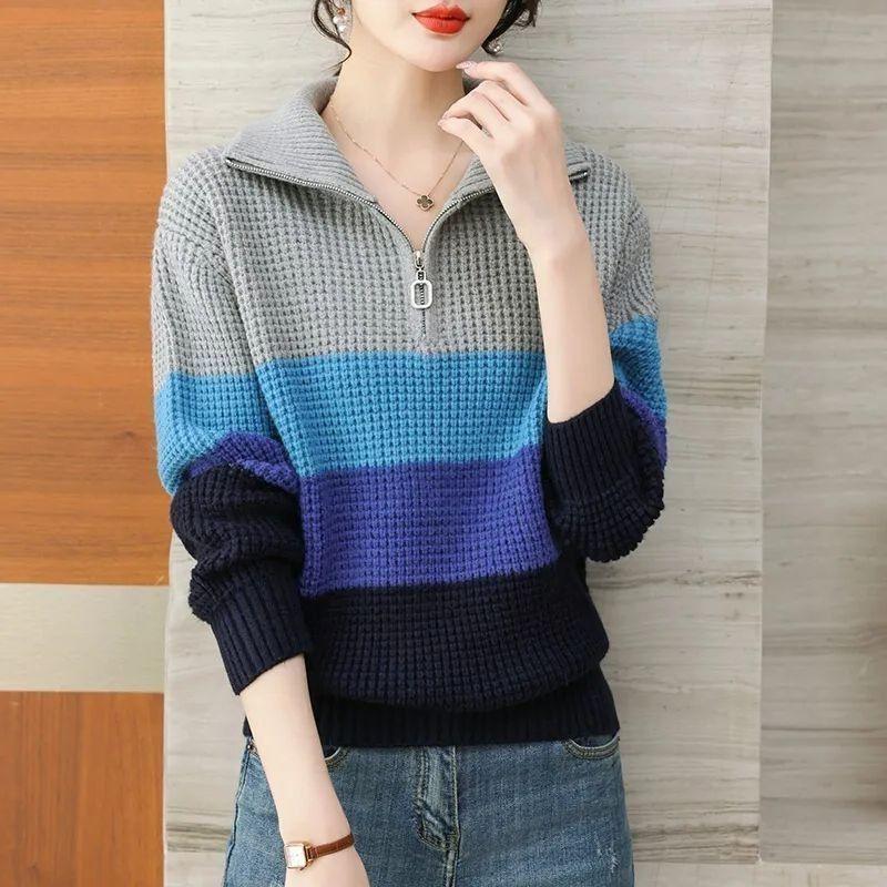 Women's Color Block Striped Half-Zip Sweater - Spring/Autumn Lazy Style Pullover Knit