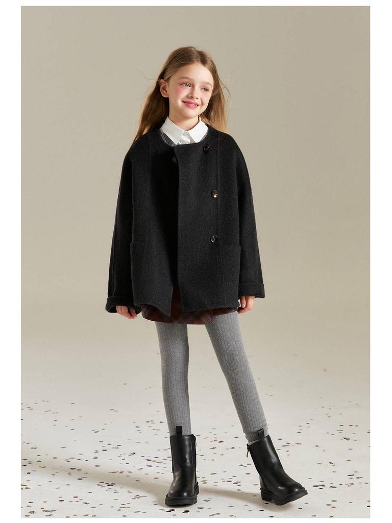 Girls' 2025 Double-Sided Wool Coat - Winter Warm, Collarless, Loose-Fit Layering Coat