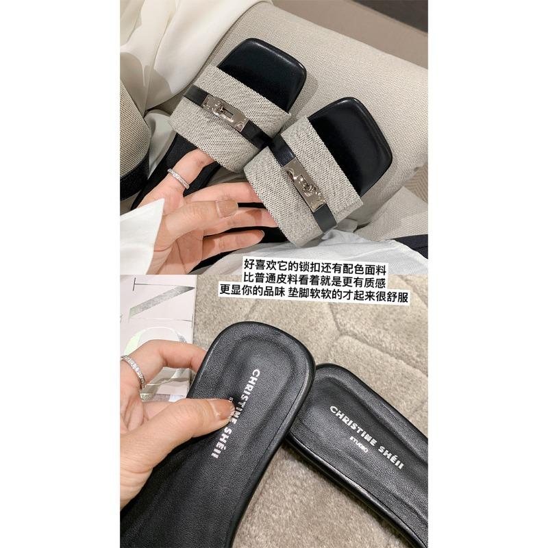Sheepskin version of the new niche lock leather one-word slippers women's summer wear flat leather sandals women's shoes