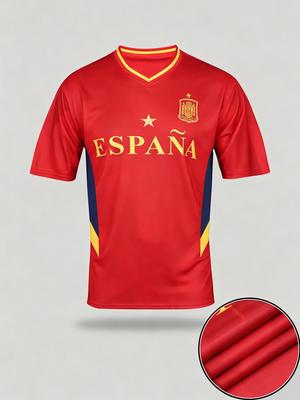 Maglia da Calcio con Logo Spagna, Abbigliamento Sportivo da Calcio per Esterno, Stampa con Lettere, Adatta per Sport all'Aperto e Fitness, Regalo per Uomini