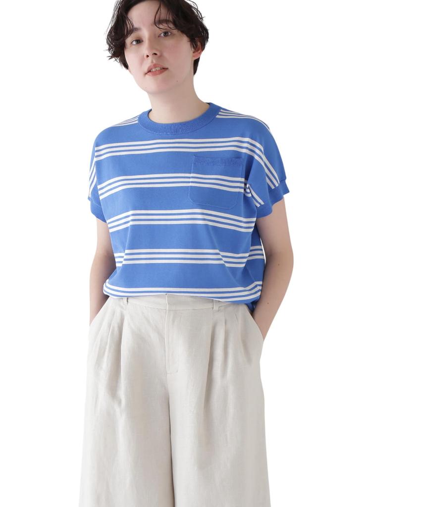 Human Woman Short Sleeve Crew Neck Sweater x White (Random Stripe) / Women's / 077-5170502 113_Blue