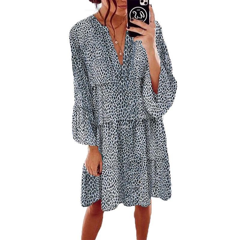 

Платье Новинка Леопардовый принт V-образный вырез Свободное Длинные рукава Платье Blue 3XL