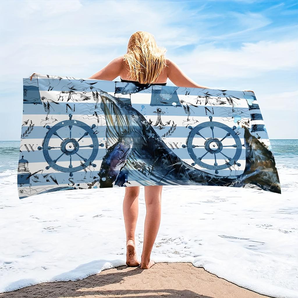 1pc Whale Navy Pattern Beach Towel, Super Absorbent Quick Dry Swim Towel, Lightweight and Soft Beach Fashion Blanket for Beach Swimming