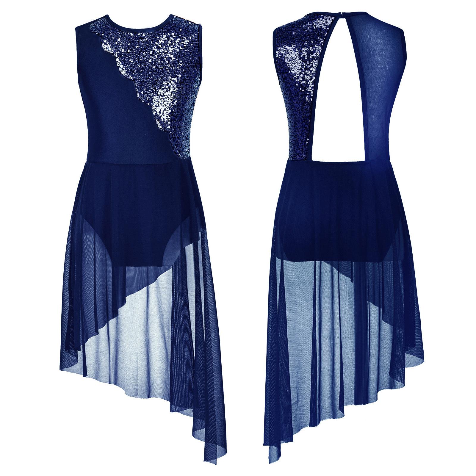 

Дівчаче блискуче танцювальне плаття без рукавів з круглим вирізом, розшите блискучими паєтками, з нерівним подолом та відкритою спиною, костюм для виступів 15-16 Years темно-синього кольору