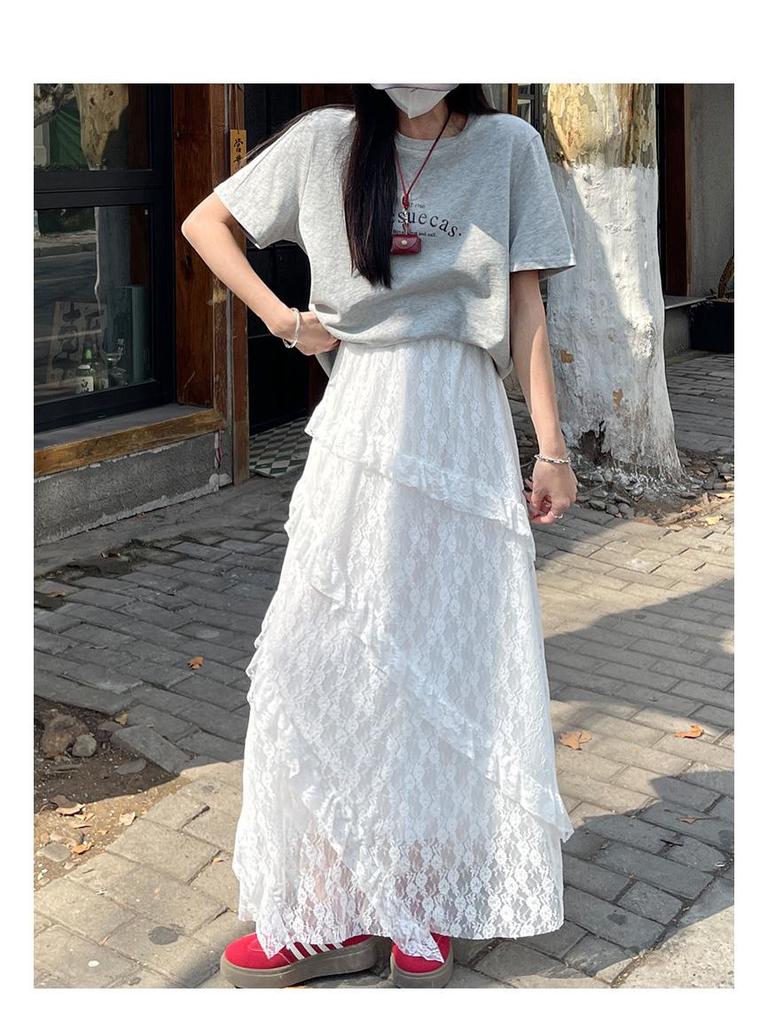 Women's White Lace A-Line Irregular Long Skirt, Spring/Autumn 2026 Collection