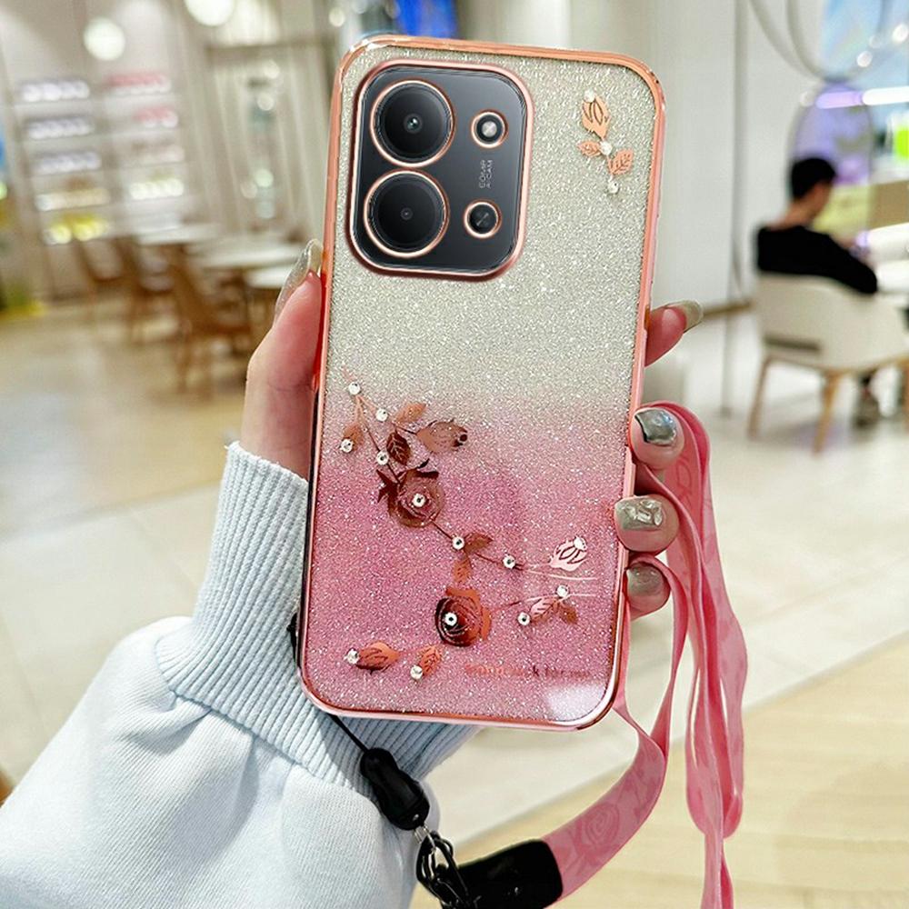 For Xiaomi Redmi 15C 4G (Global) (171mm)/Poco C85 4G (171mm) Case Flower Pattern TPU Gradient Phone Cover with Lanyards