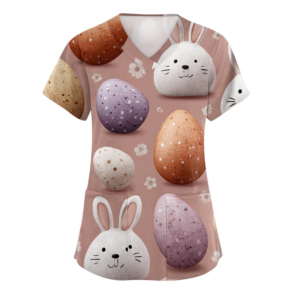 Women's Fashion V-Neck Short-Sleeved Workwear With Pockets Easter Print Top Caregiver Uniform