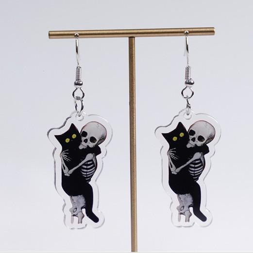 1 Pair of Skeleton Cat Earrings Halloween Ornaments Flat Acrylic Horror Personality Exaggerated Skeleton Earrings