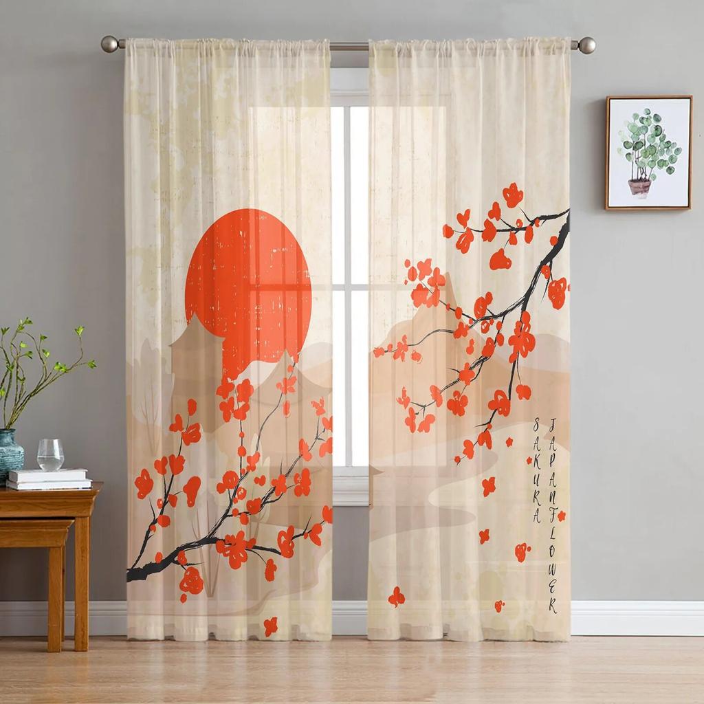 Spring Cherry Blossom Branch Tulle Sheer Curtains for Living Room Bedroom Kitchen for Windows Voile Drapes Home Decoration