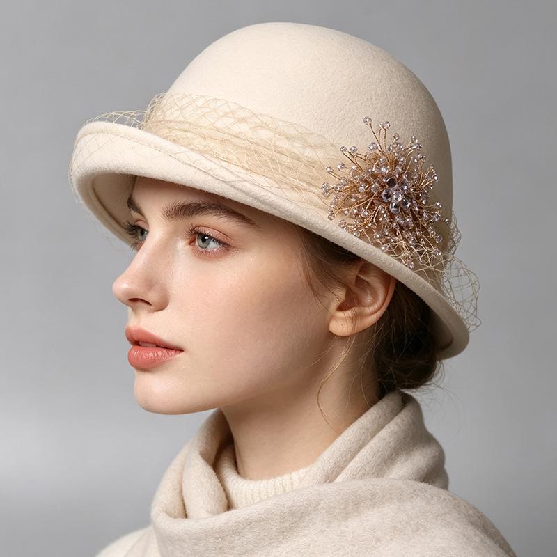 Autumn and Winter Wool Bucket Hat Women's Autumn and Winter Pearl Pot Hat Elegant Bow Temperament Versatile Felt Hat