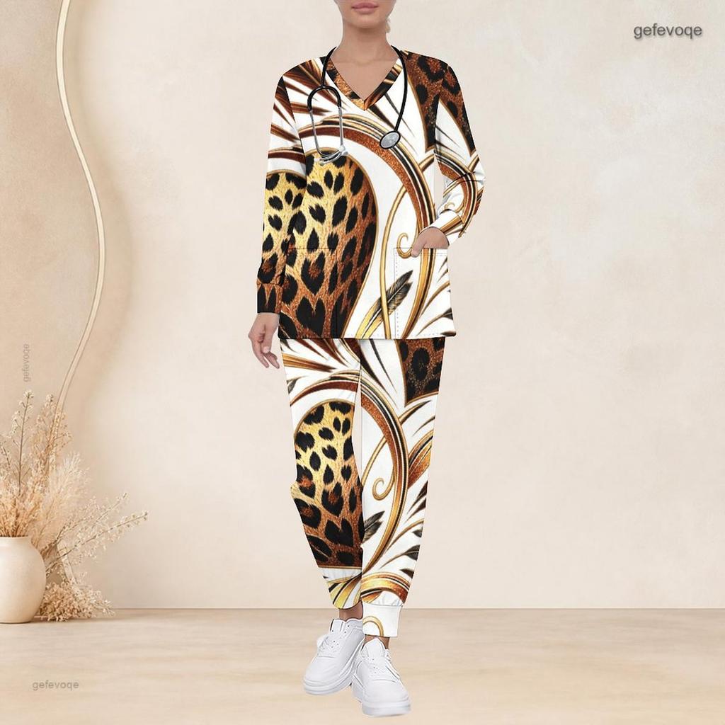 Women Plus Size V Neck Long Sleeve Scrub Set Fashion Afro Lady Art Text Print Nurse Uniform Set