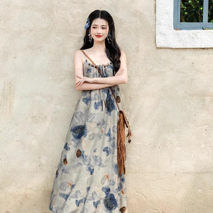 New Chinese Suspender Dress, Ink Painting, Tie-dye, Niche Design, Literary and Artistic National Style Long Skirt, Holiday Style Photo Skirt