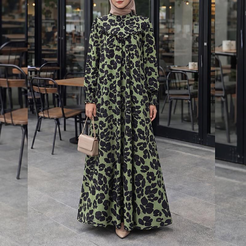ZANZEA Damen Lässig Rundhals Locker Langarm Print Langes Kleid