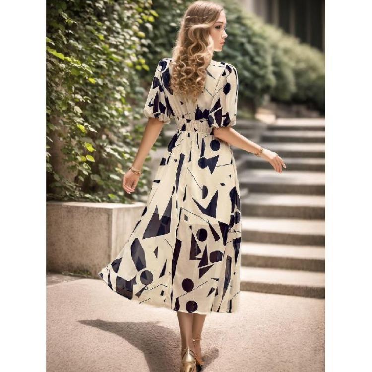 Summer Casual Boho Floral Print Midi Dress Women V Neck Short Sleeve Holiday Long Dress Fashion